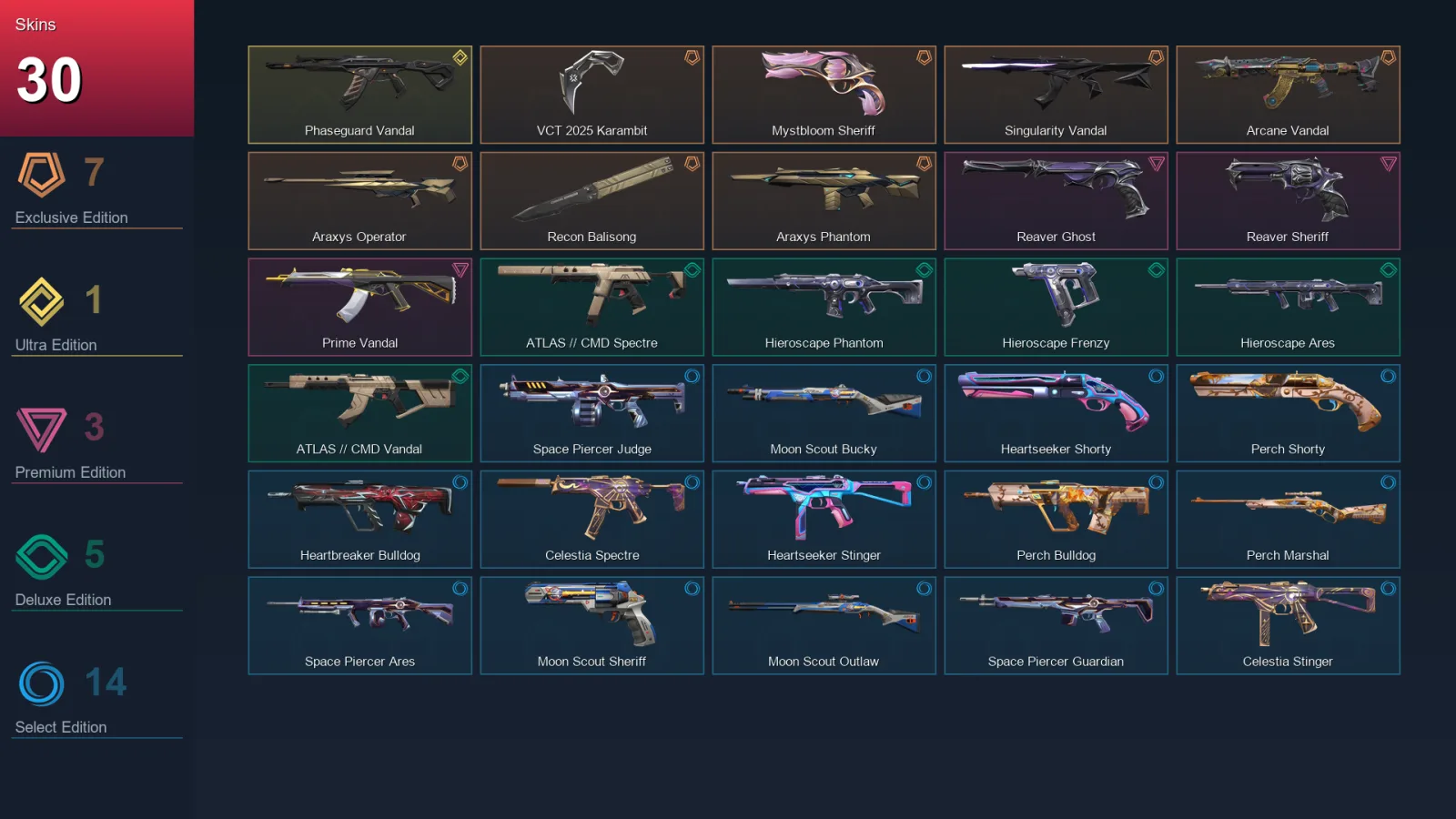 NA | Lv34 | Unranked | 30 Skin | 14 Agent | 25 Buddy