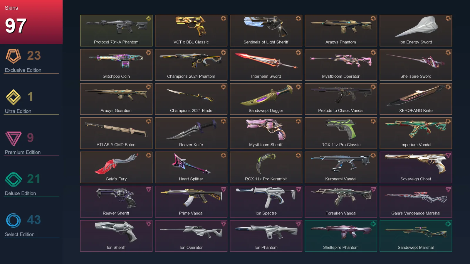 EU | Lv215 | Unranked | 97 Skin | 29 Agent | 105 Buddy