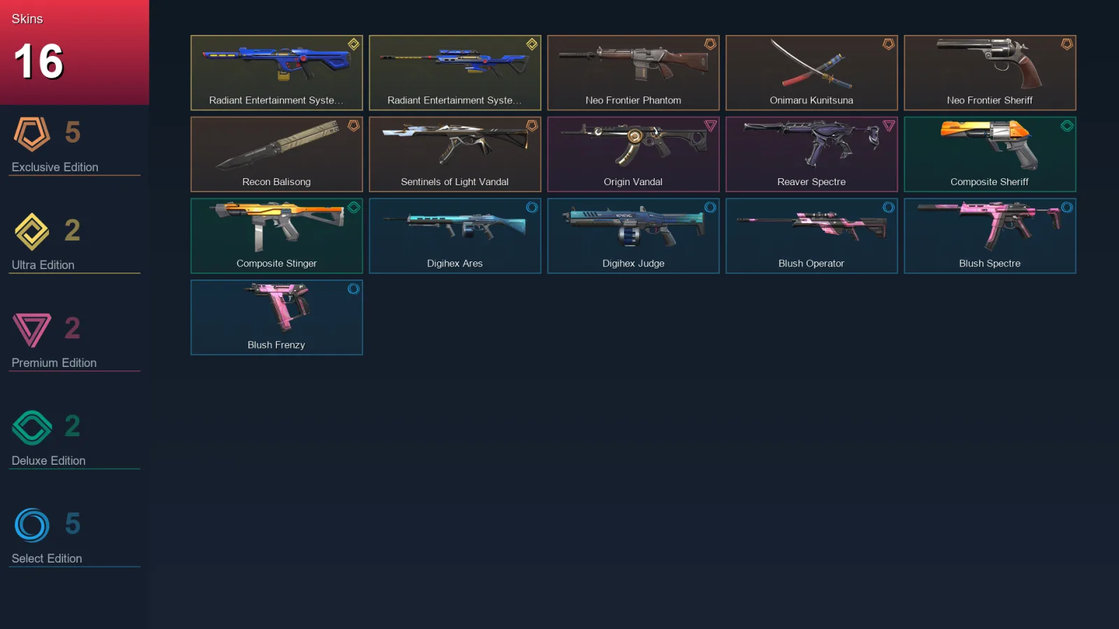 EU | Neo Frontier Phantom | Onimaru Kunitsuna | Neo Frontier Sheriff | Recon Balisong | 16 Skin | 12 Agent | 8 Buddy | Lv21