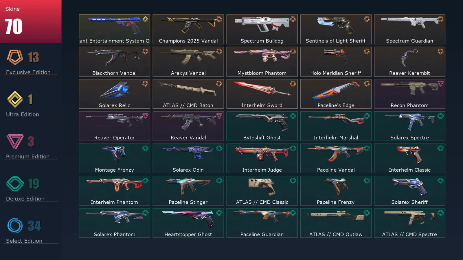 [Valorant] | EU | Level 187 | 29 Agents | 70 Skins