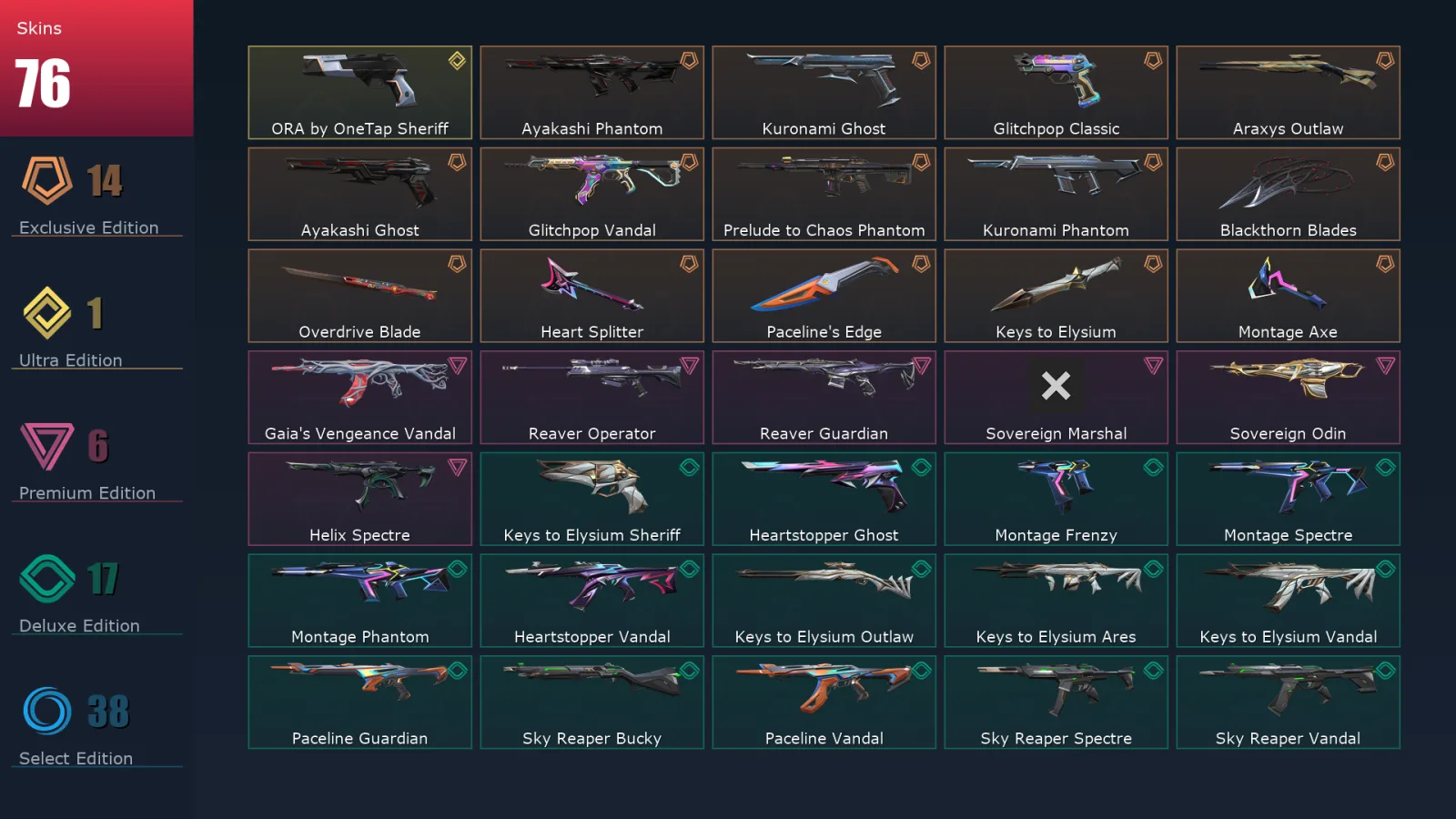 [Valorant] | EU | Level 75 | Diamond 3 | 25 Agents | 76 Skins
