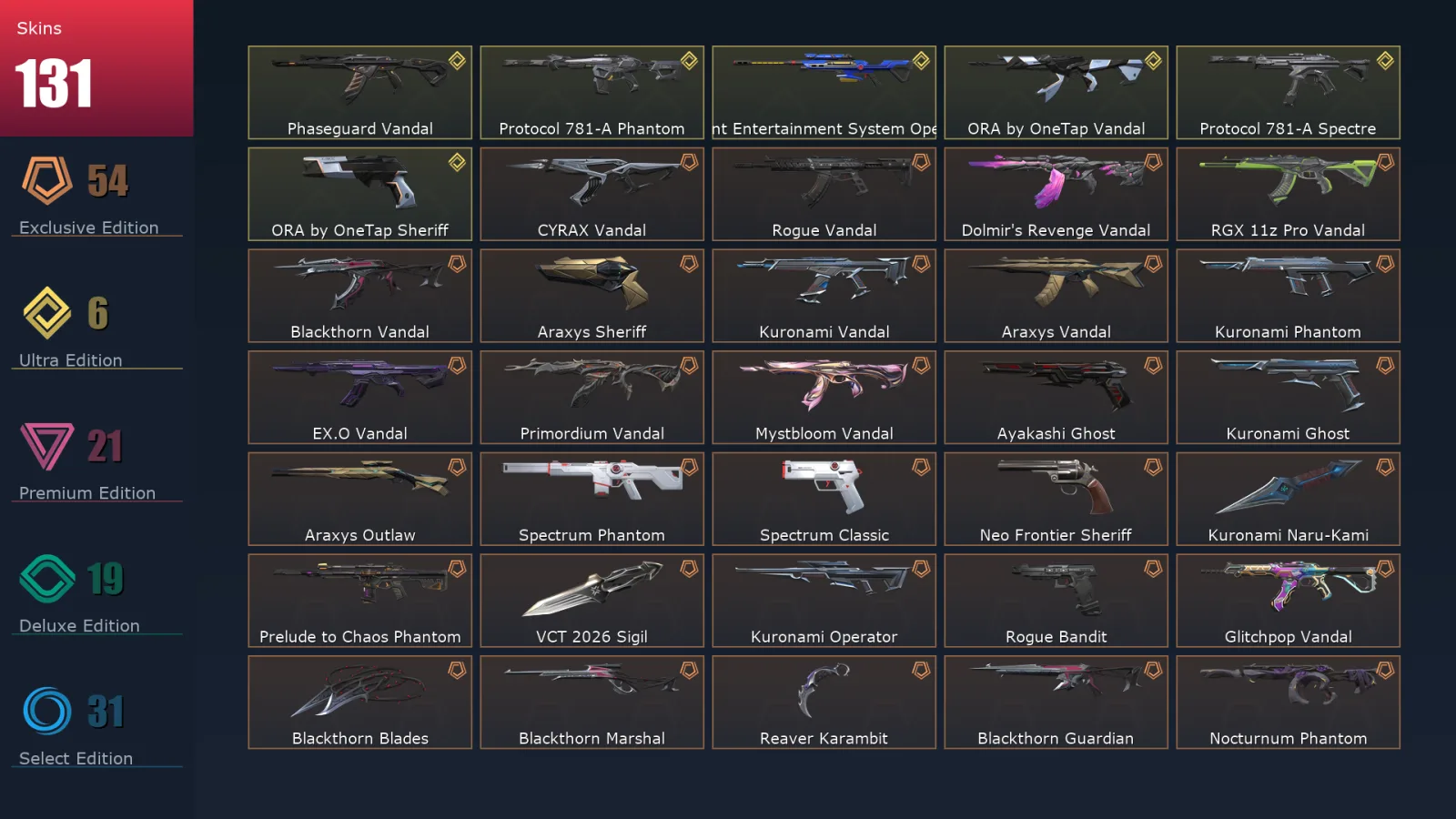 [Valorant] | EU | Level 86 | Platinum 3 | 29 Agents | 131 Skins