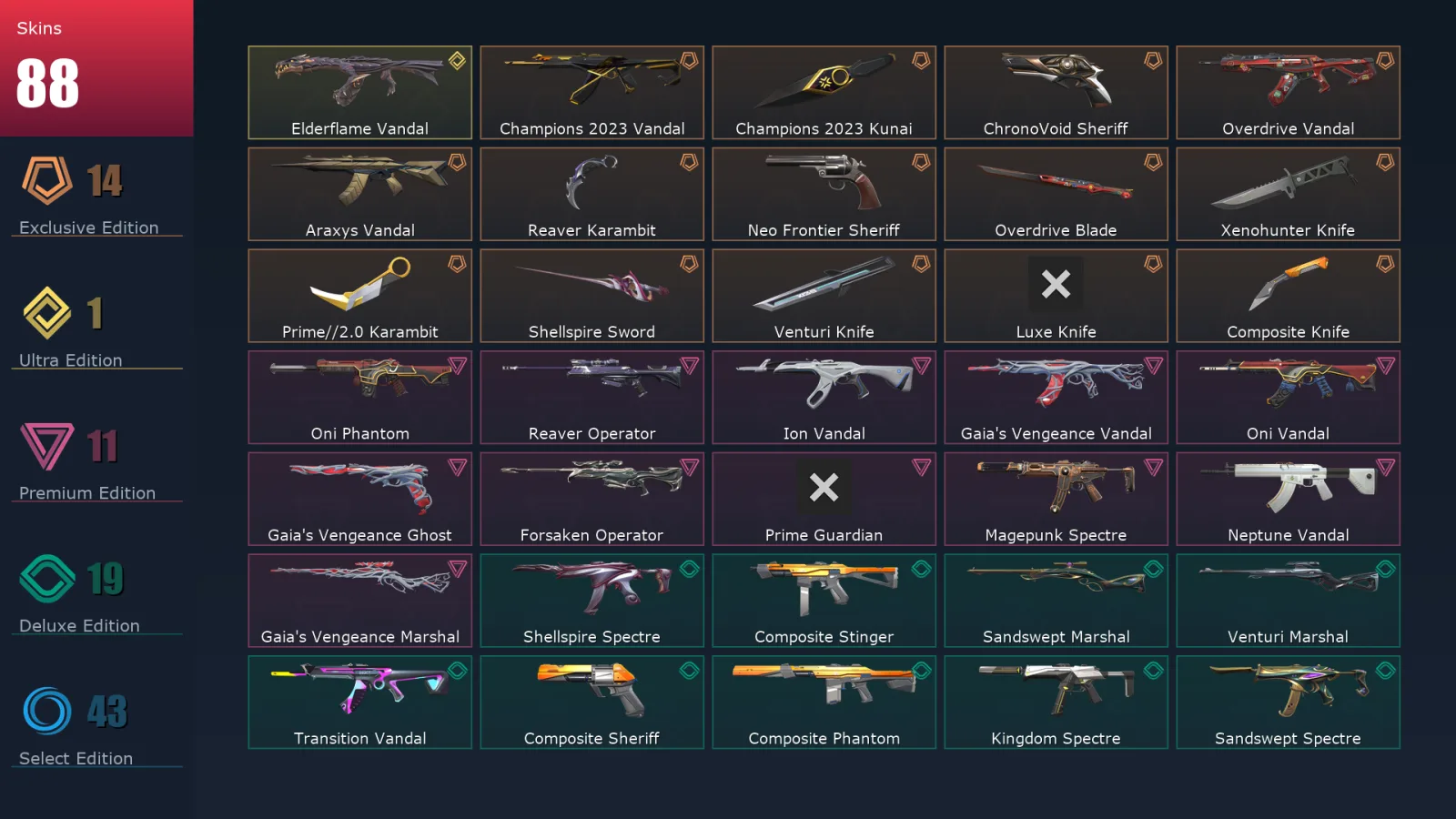 [Valorant] | EU | Level 178 | 28 Agents | 88 Skins