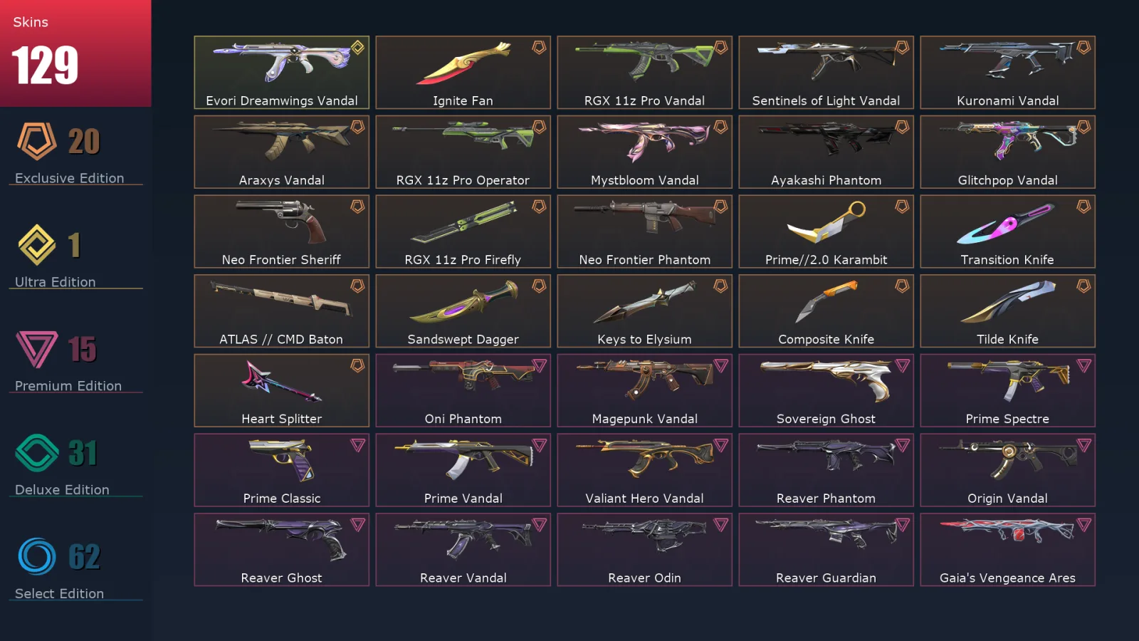 [Valorant] | EU | Level 456 | Gold 3 | 29 Agents | 129 Skins