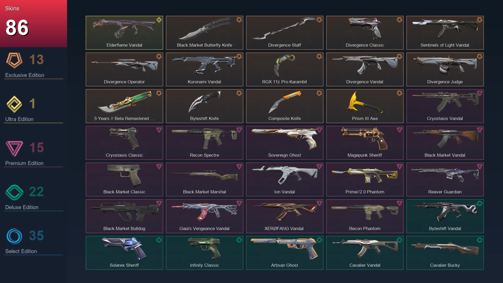 EU | Lv377 | Unranked | 86 Skin | 29 Agent | 164 Buddy