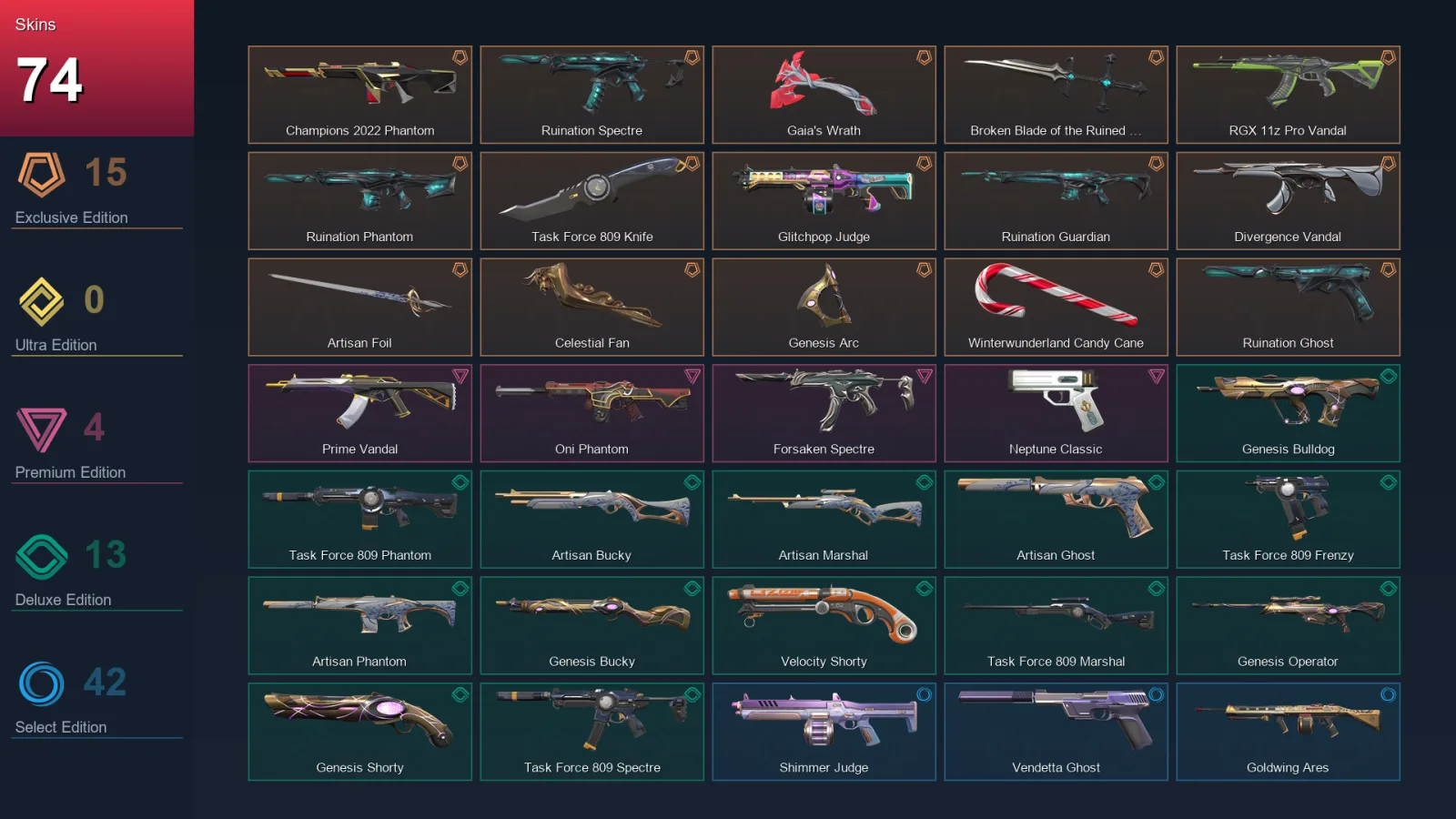 AP | Champions 2022 Phantom | Ruination Spectre | Gaia's Wrath | Broken Blade of the Ruined King | 74 Skin | 26 Agent | 103 Buddy | Lv284