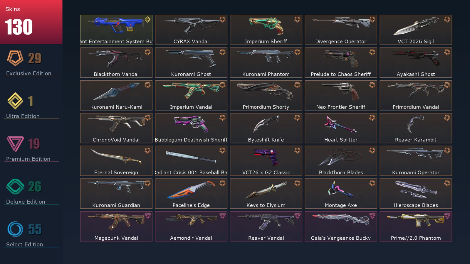 [Valorant] | EU | Level 206 | Platinum 1 | 29 Agents | 130 Skins