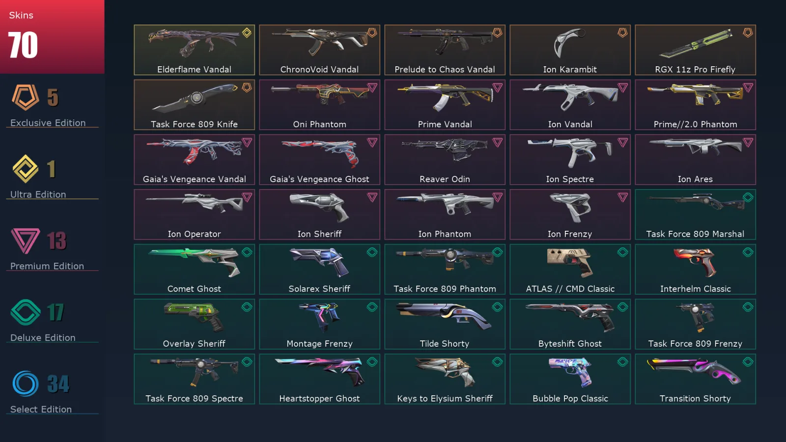 [Valorant] | EU | Level 500 | Platinum 1 | 29 Agents | 70 Skins