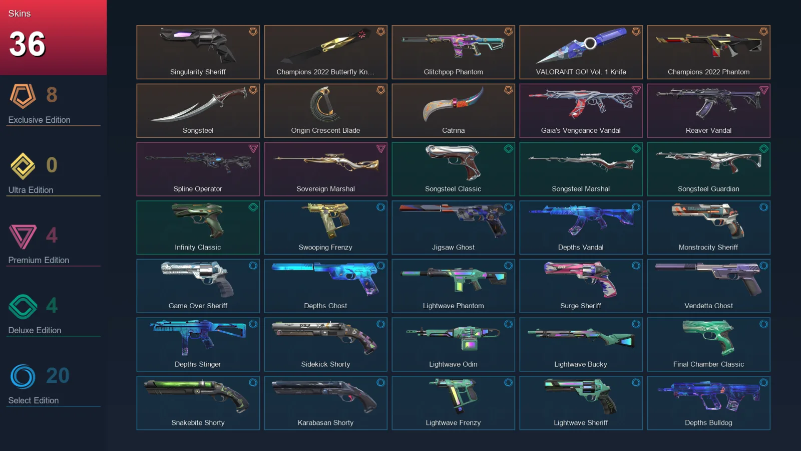 AP | Lv205 | Unranked | 36 Skin | 25 Agent | 97 Buddy