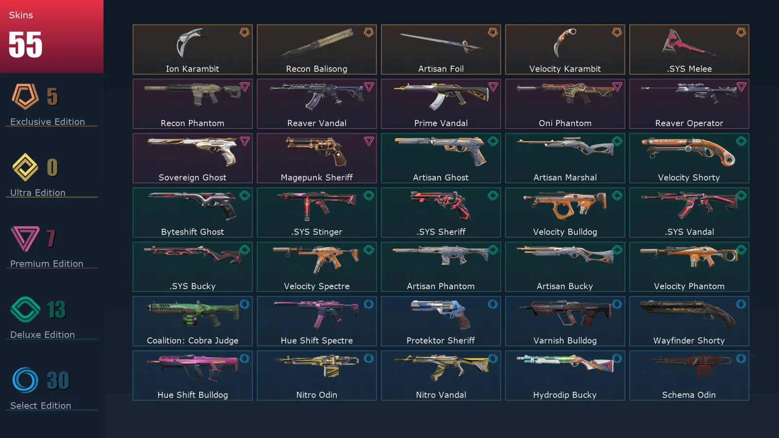 [Valorant] | EU | Level 166 | 28 Agents | 55 Skins