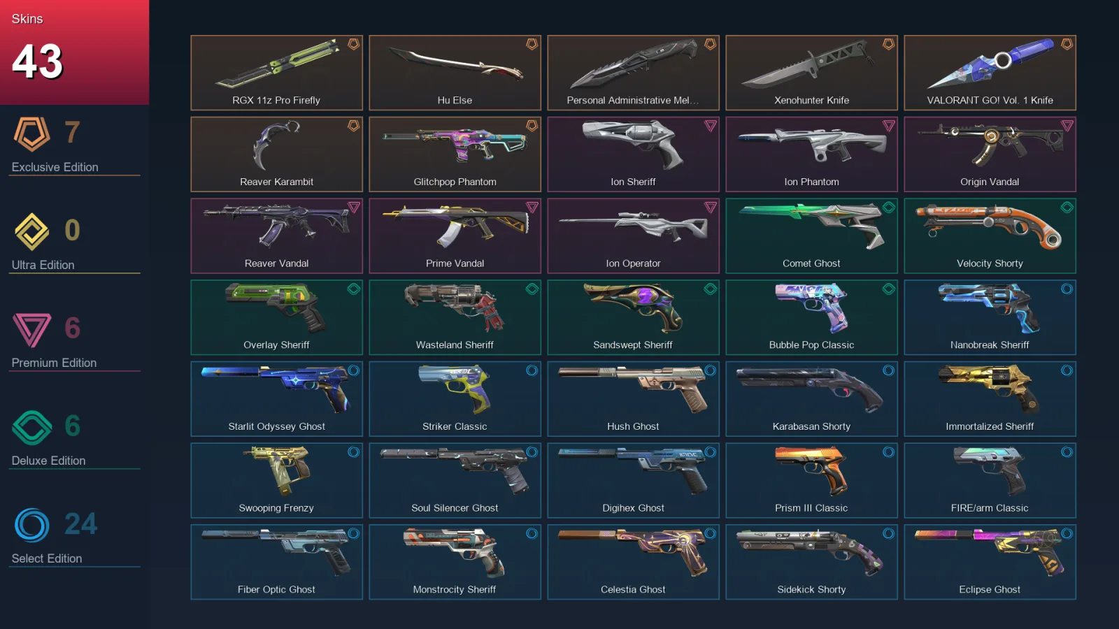 AP | Lv376 | Unranked | 43 Skin | 27 Agent | 117 Buddy