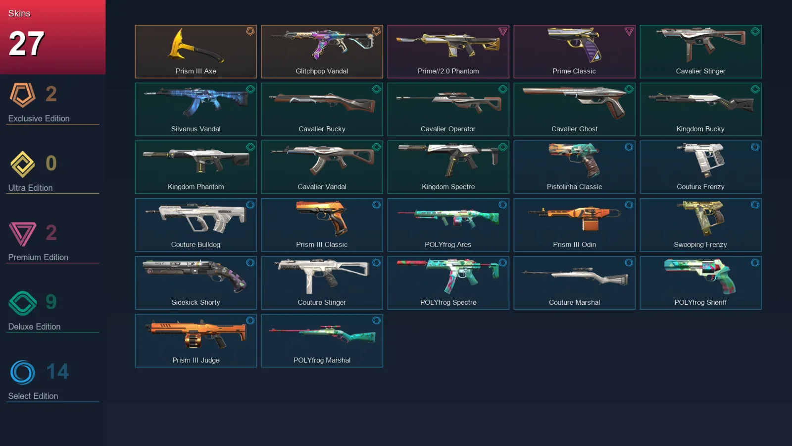 EU | Lv70 | Unranked | 27 Skin | 16 Agent | 47 Buddy