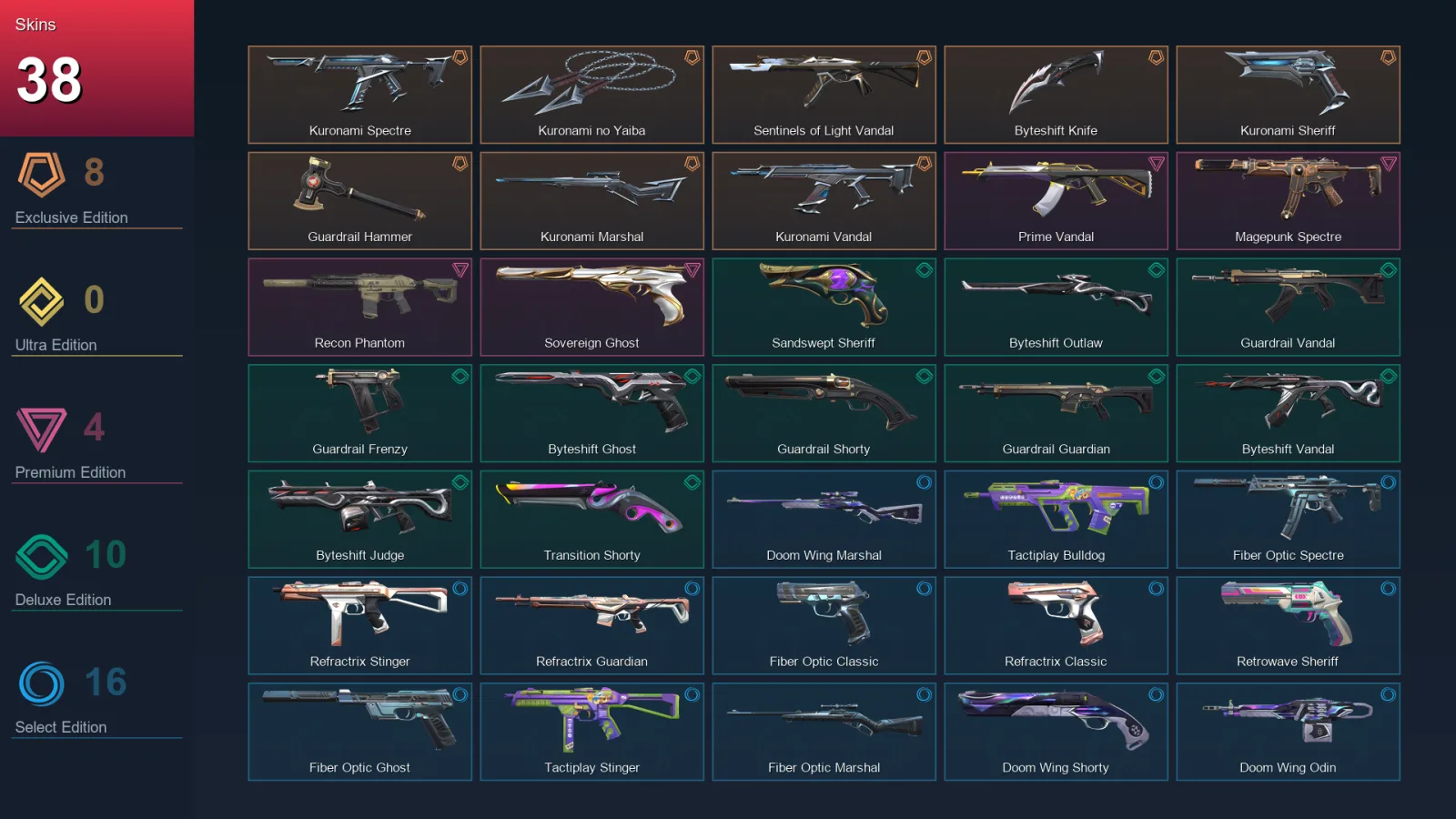 AP | Kuronami Spectre | Kuronami no Yaiba | Sentinels of Light Vandal | Byteshift Knife | 38 Skin | 29 Agent | 73 Buddy | Lv151