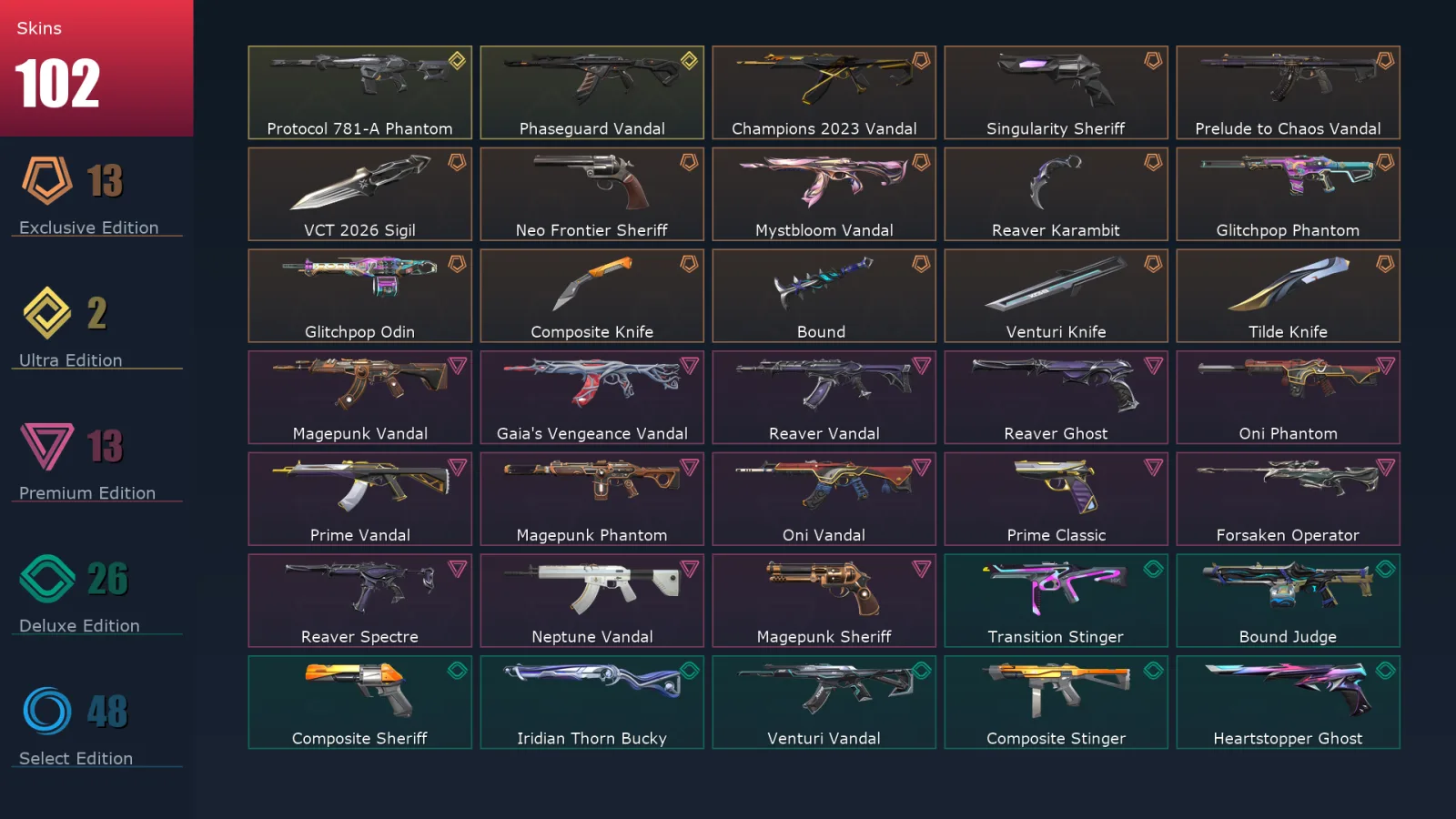 [Valorant] | EU | Level 218 | Gold 3 | 29 Agents | 102 Skins