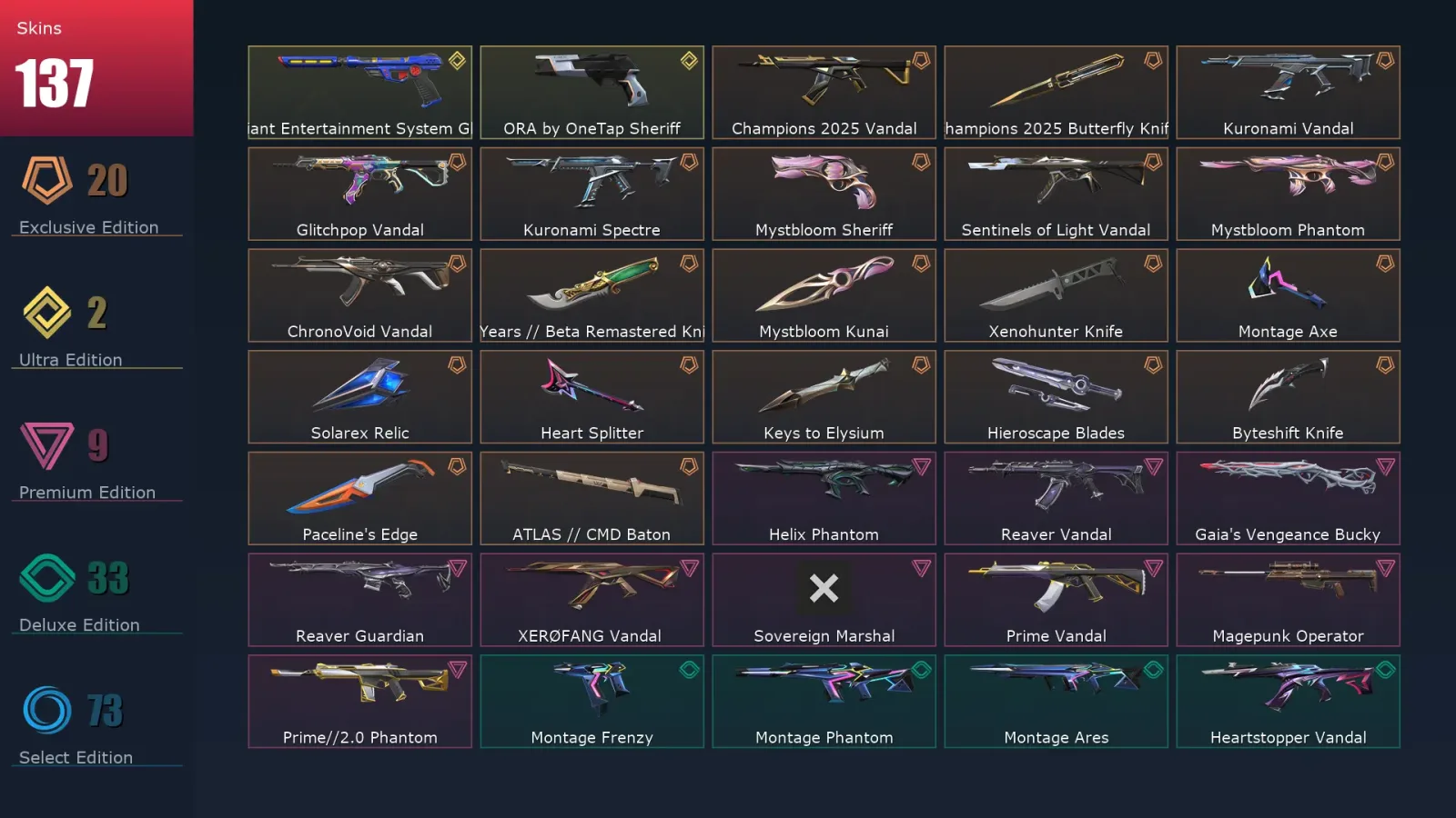 [Valorant] | EU | Level 267 | Gold 1 | 29 Agents | 137 Skins