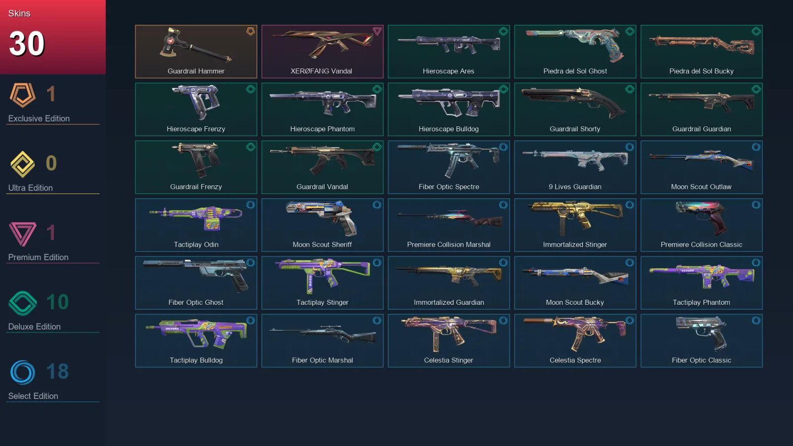 NA | Guardrail Hammer | XERØFANG Vandal | Hieroscape Ares | Piedra del Sol Ghost | 30 Skin | 11 Agent | 26 Buddy | Lv31