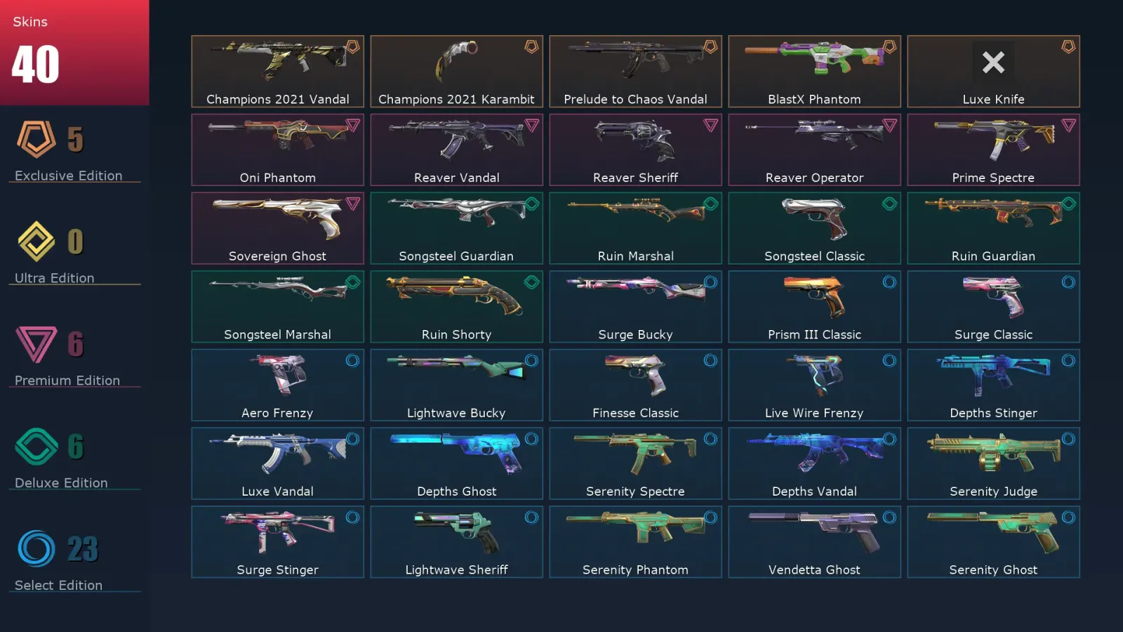 [Valorant] | EU | Level 136 | Silver 2 | 27 Agents | 40 Skins