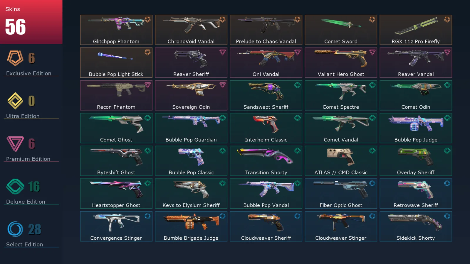 [Valorant] | EU | Level 342 | Platinum 1 | 29 Agents | 56 Skins