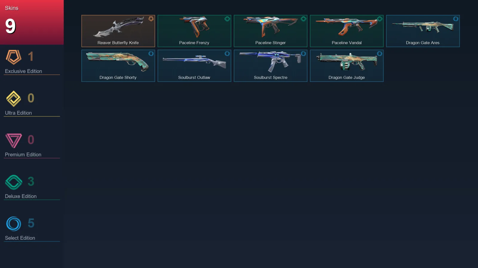 AP | Reaver Butterfly Knife | Paceline Frenzy | Paceline Stinger | Paceline Vandal | 9 Skin | 9 Agent | 6 Buddy | Lv15