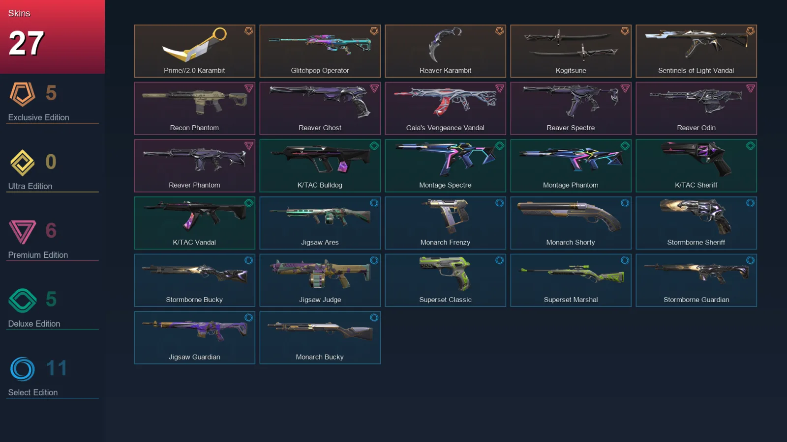 EU | Lv44 | Unranked | 27 Skin | 13 Agent | 30 Buddy