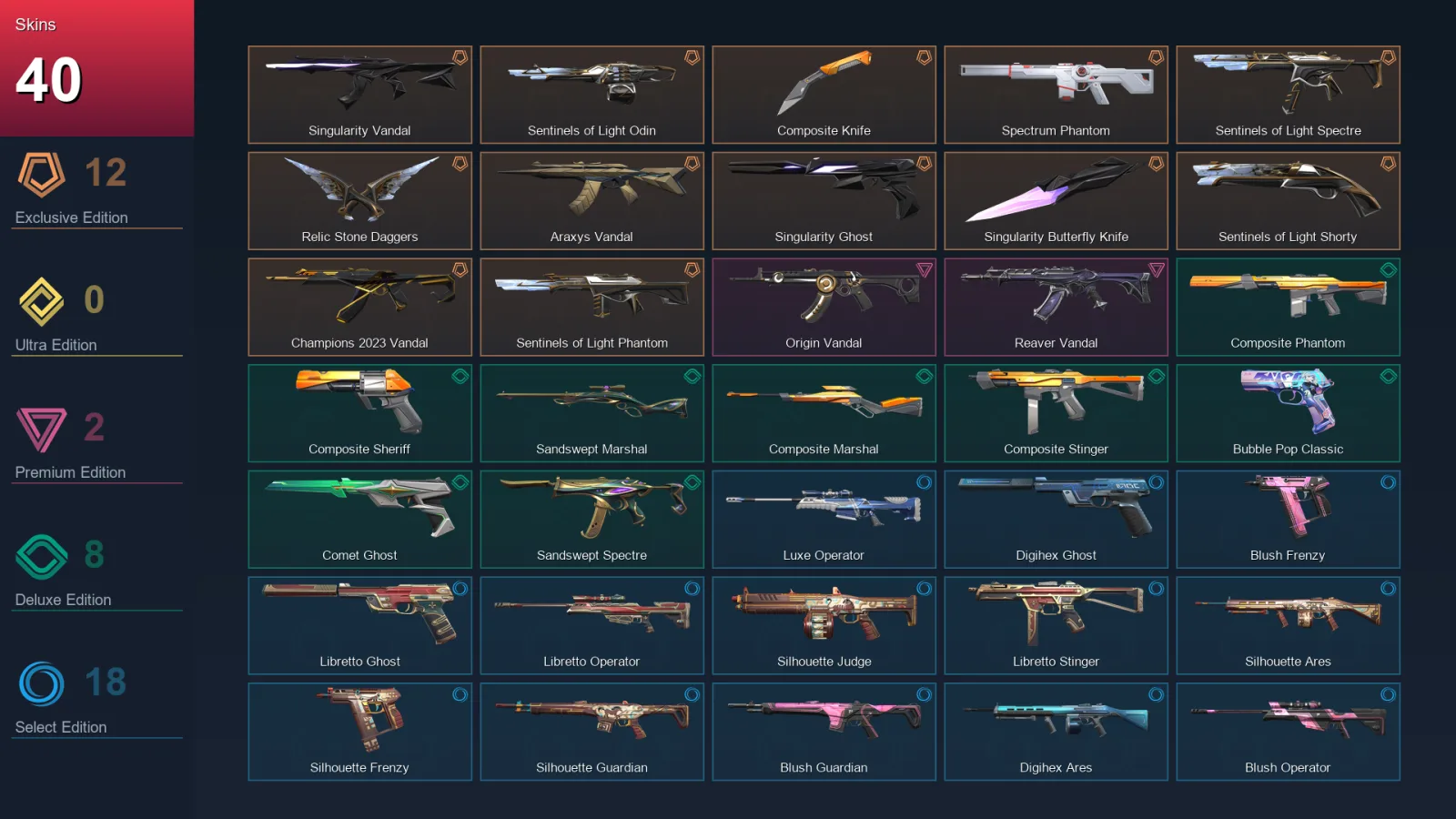 EU | Singularity Vandal | Sentinels of Light Odin | Composite Knife | Spectrum Phantom | 40 Skin | 25 Agent | 71 Buddy | Lv143