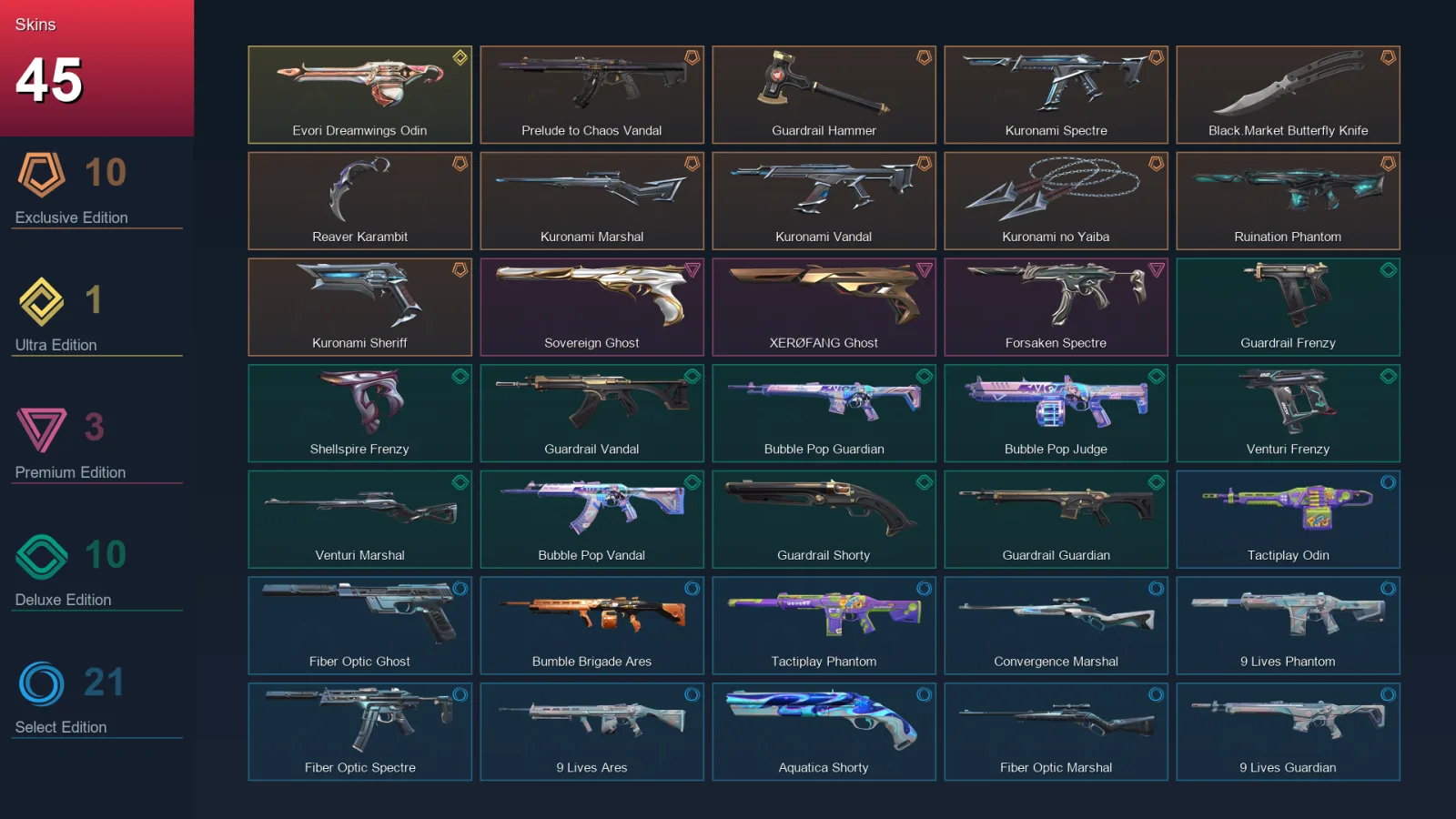 NA | Lv43 | Unranked | 45 Skin | 16 Agent | 34 Buddy