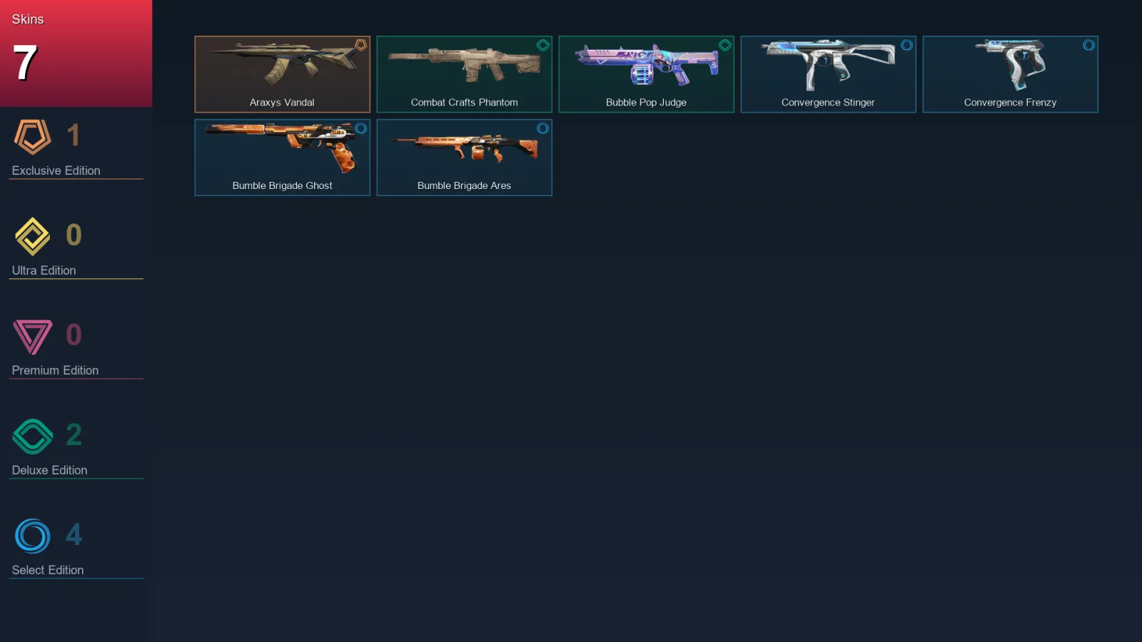 AP | Araxys Vandal | Combat Crafts Phantom | Bubble Pop Judge | Convergence Stinger | 7 Skin | 10 Agent | 13 Buddy | Lv23