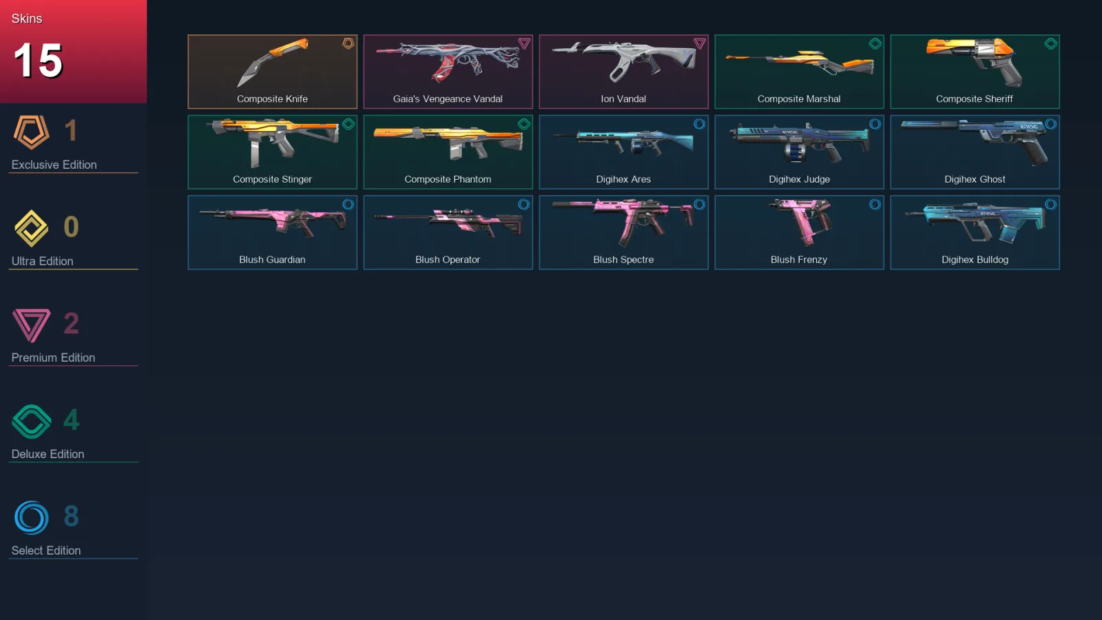 NA | Lv56 | Unranked | 15 Skin | 13 Agent | 30 Buddy