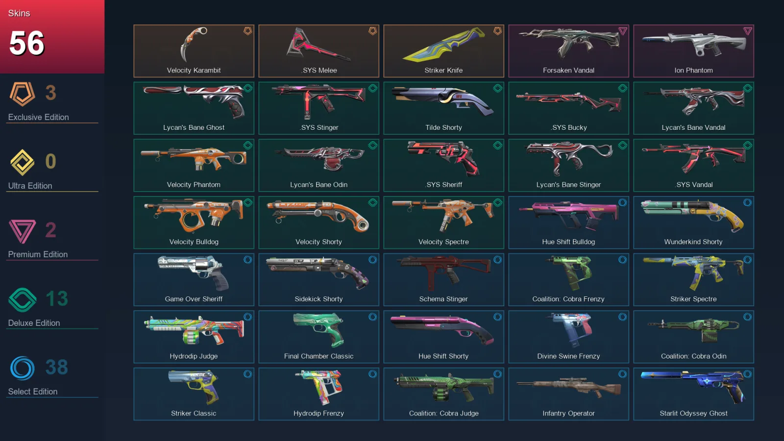 EU | Velocity Karambit | .SYS Melee | Striker Knife | Forsaken Vandal | 56 Skin | 28 Agent | 93 Buddy | Lv184