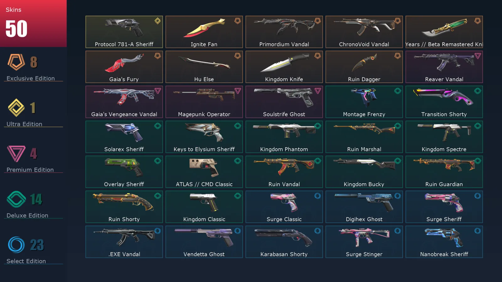[Valorant] | EU | Level 288 | 29 Agents | 50 Skins
