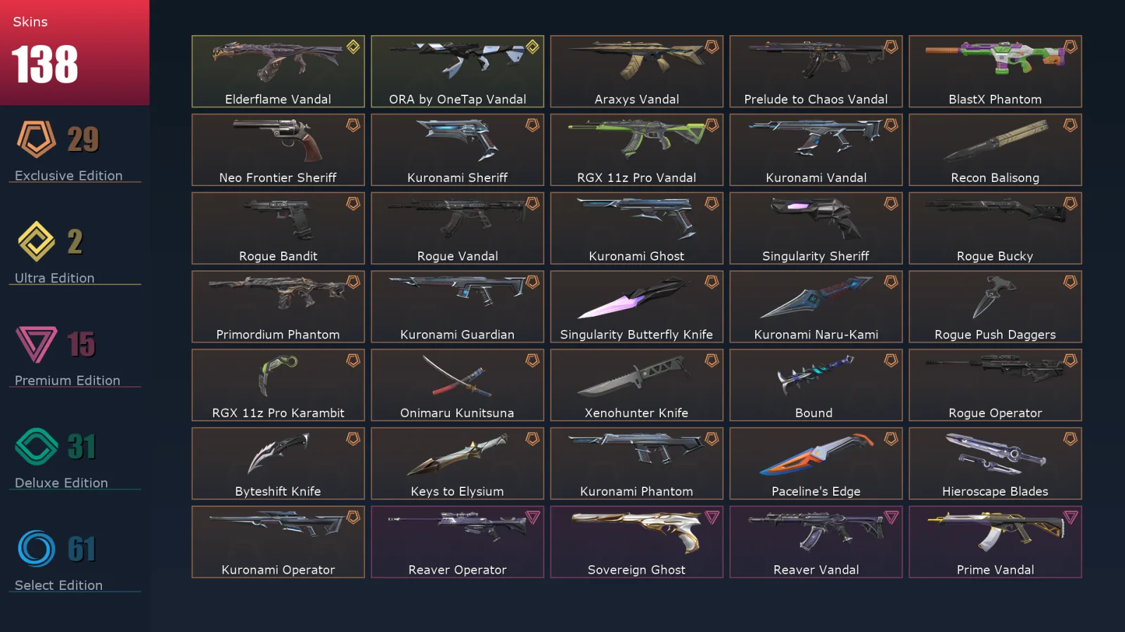 [Valorant] | EU | Level 211 | 29 Agents | 138 Skins