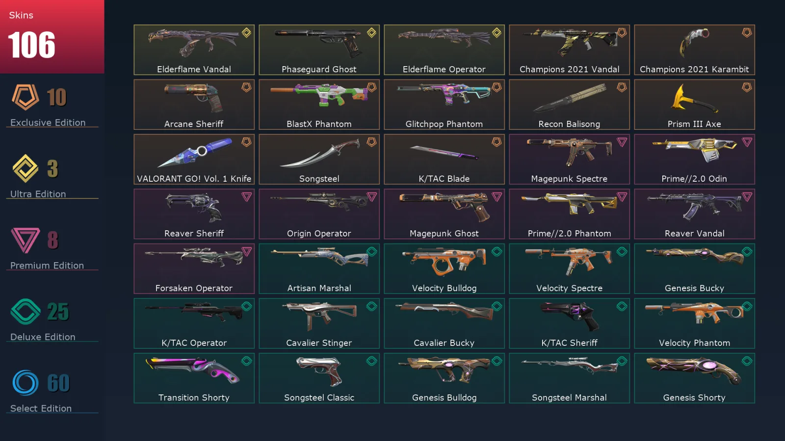 [Valorant] | EU | Level 334 | Platinum 1 | 29 Agents | 106 Skins