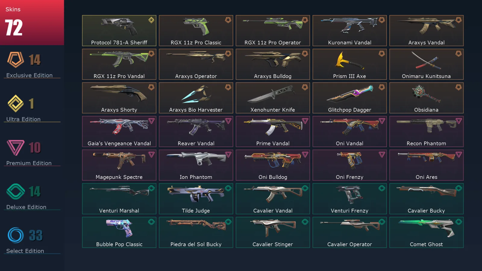 [Valorant] | EU | Level 205 | 27 Agents | 72 Skins