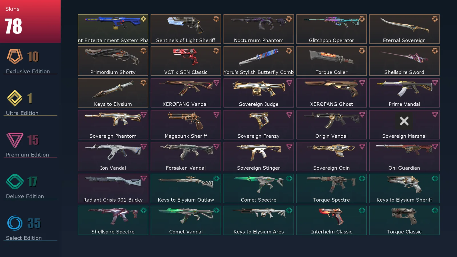 [Valorant] | EU | Level 111 | Platinum 3 | 29 Agents | 78 Skins