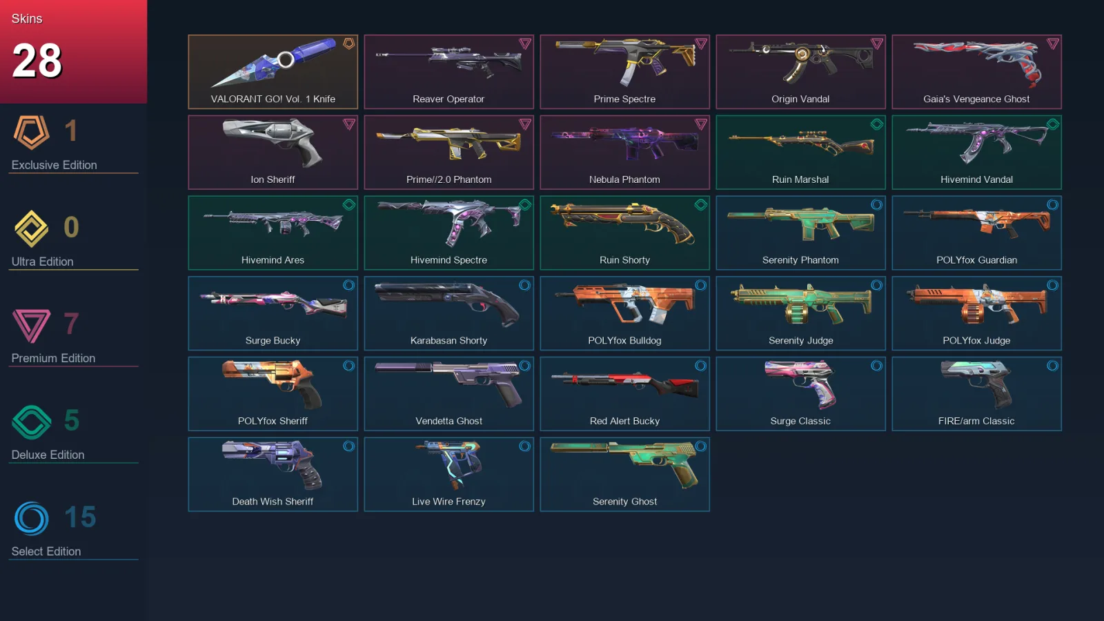 NA | VALORANT GO! Vol. 1 Knife | Reaver Operator | Prime Spectre | Origin Vandal | 28 Skin | 27 Agent | 75 Buddy | Lv114