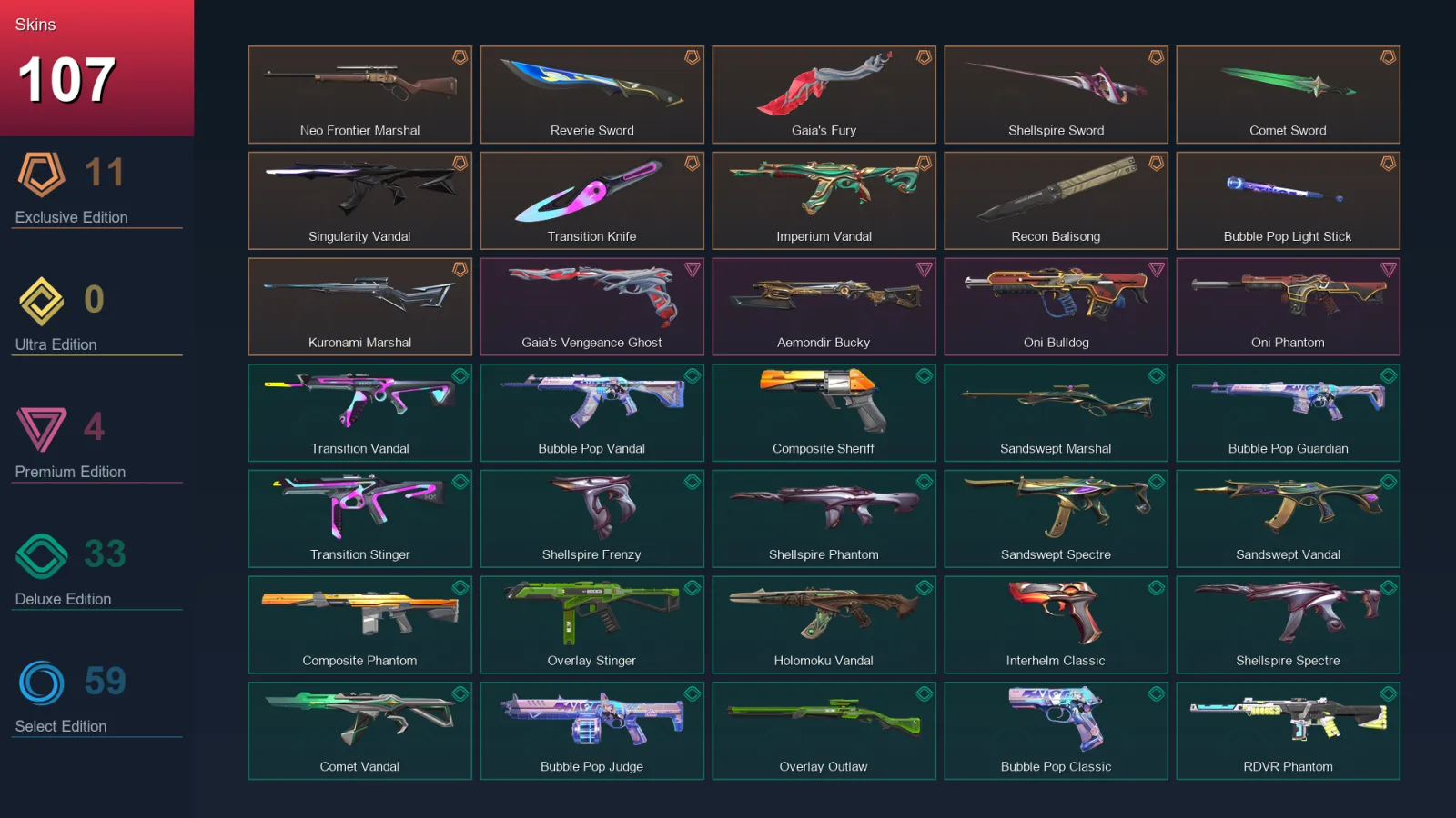 NA | Lv155 | Unranked | 107 Skin | 24 Agent | 103 Buddy