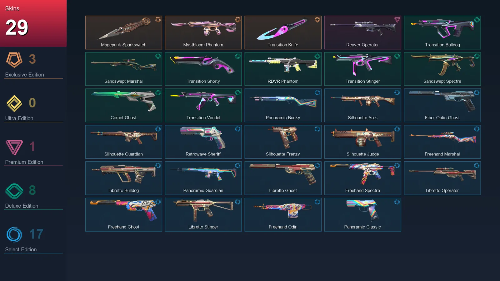 EU | Magepunk Sparkswitch | Mystbloom Phantom | Transition Knife | Reaver Operator | 29 Skin | 26 Agent | 42 Buddy | Lv93