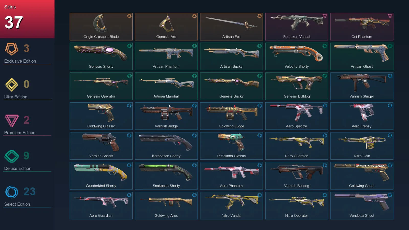 AP | Lv152 | Unranked | 37 Skin | 25 Agent | 79 Buddy — Genesis Shorty