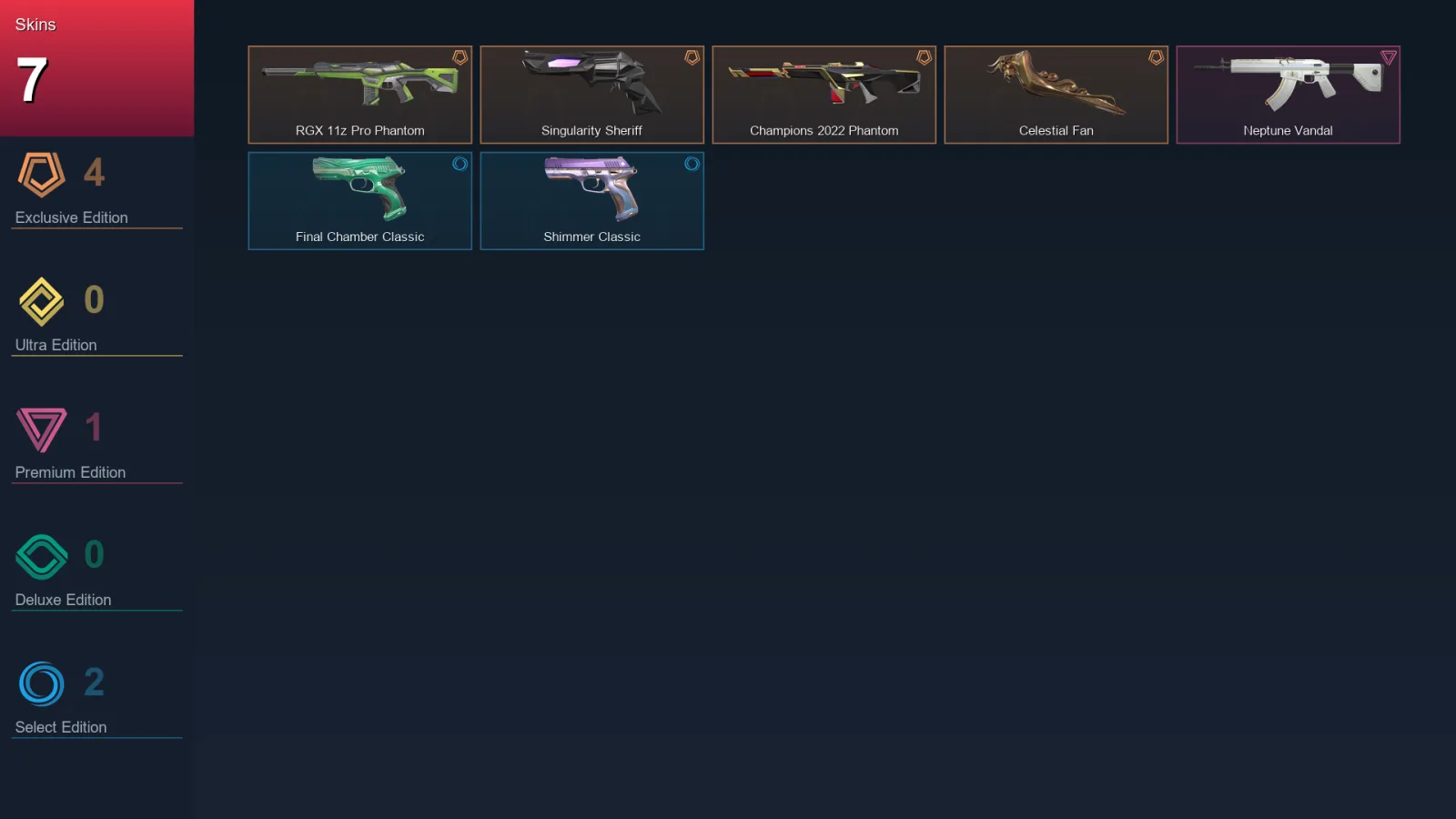 AP | RGX 11z Pro Phantom | Singularity Sheriff | Champions 2022 Phantom | Celestial Fan | 7 Skin | 20 Agent | 33 Buddy | Lv78