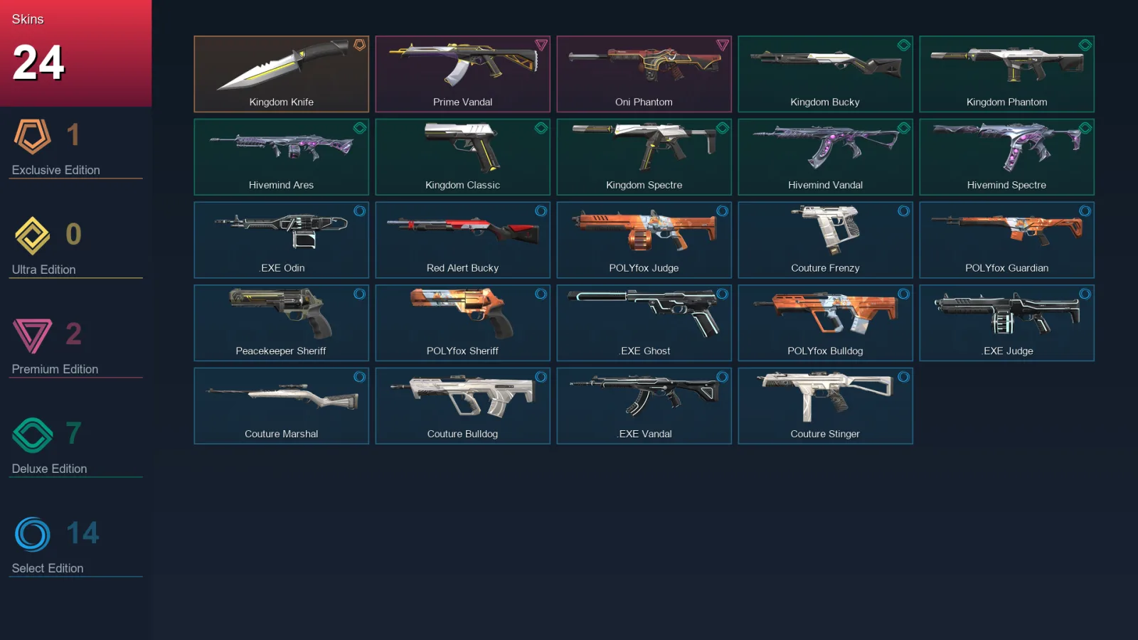 EU | Kingdom Knife | Prime Vandal | Oni Phantom | Kingdom Bucky | 24 Skin | 12 Agent | 21 Buddy | Lv1