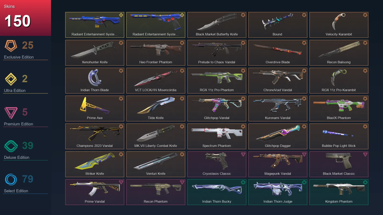 EU | Lv289 | Unranked | 150 Skin | 24 Agent | 144 Buddy