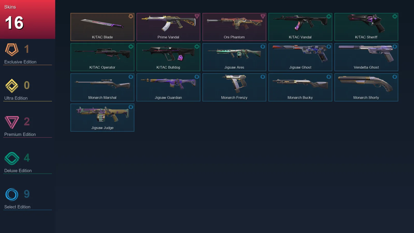 AP | K/TAC Blade | Prime Vandal | Oni Phantom | K/TAC Vandal | 16 Skin | 10 Agent | 19 Buddy | Lv46
