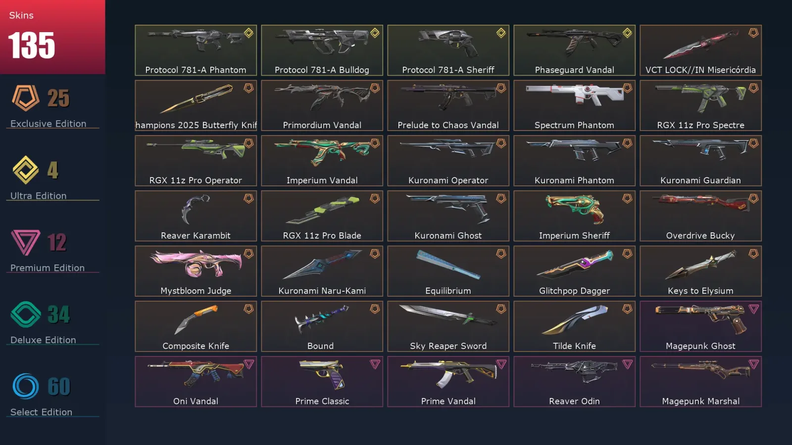 [Valorant] | EU | Level 407 | Diamond 3 | 29 Agents | 135 Skins