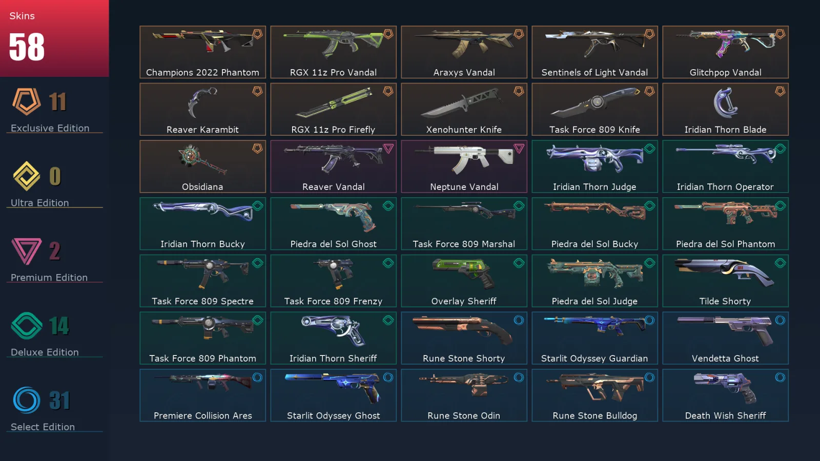 [Valorant] | EU | Level 215 | 29 Agents | 58 Skins
