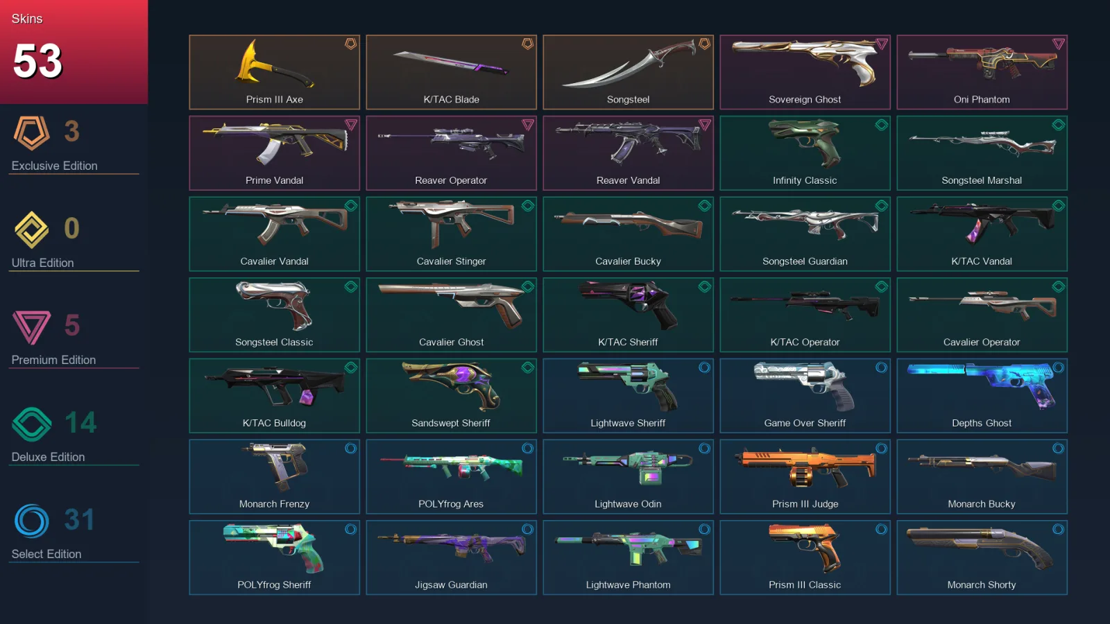 LA | Prism III Axe | K/TAC Blade | Songsteel | Sovereign Ghost | 53 Skin | 26 Agent | 74 Buddy | Lv199