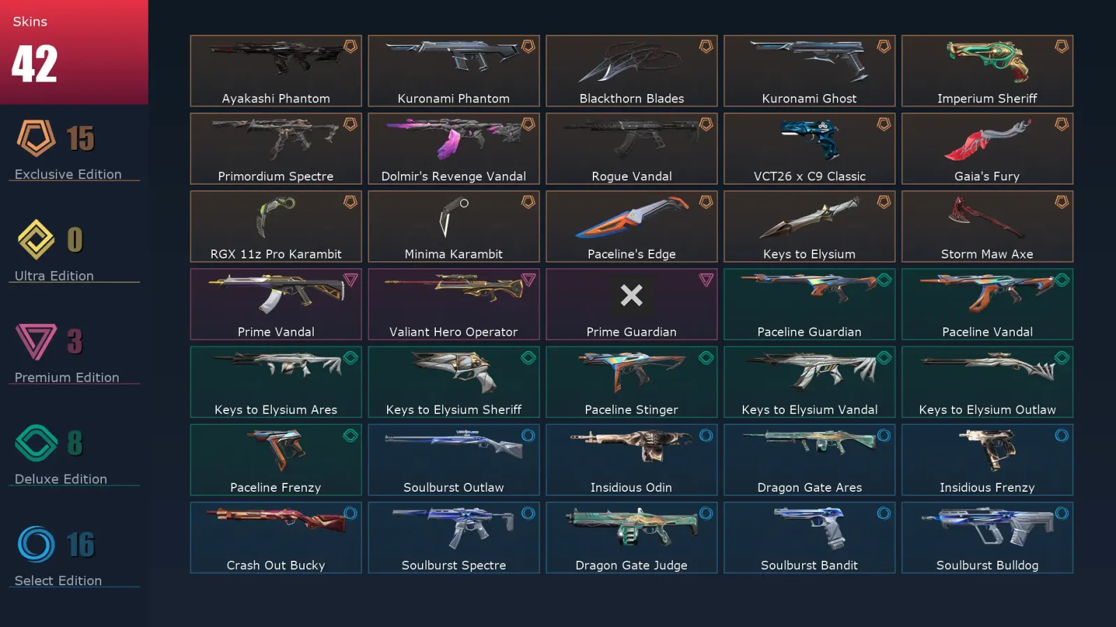 [Valorant] | EU | Level 72 | 24 Agents | 42 Skins