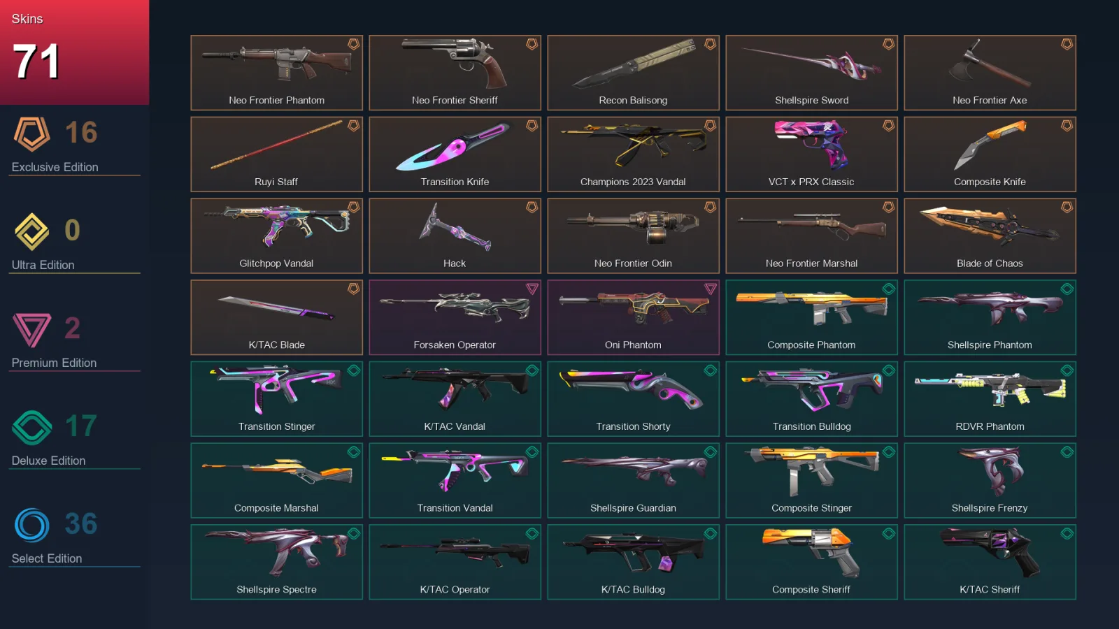 AP | Neo Frontier Phantom | Neo Frontier Sheriff | Recon Balisong | Shellspire Sword | 71 Skin | 27 Agent | 105 Buddy | Lv192