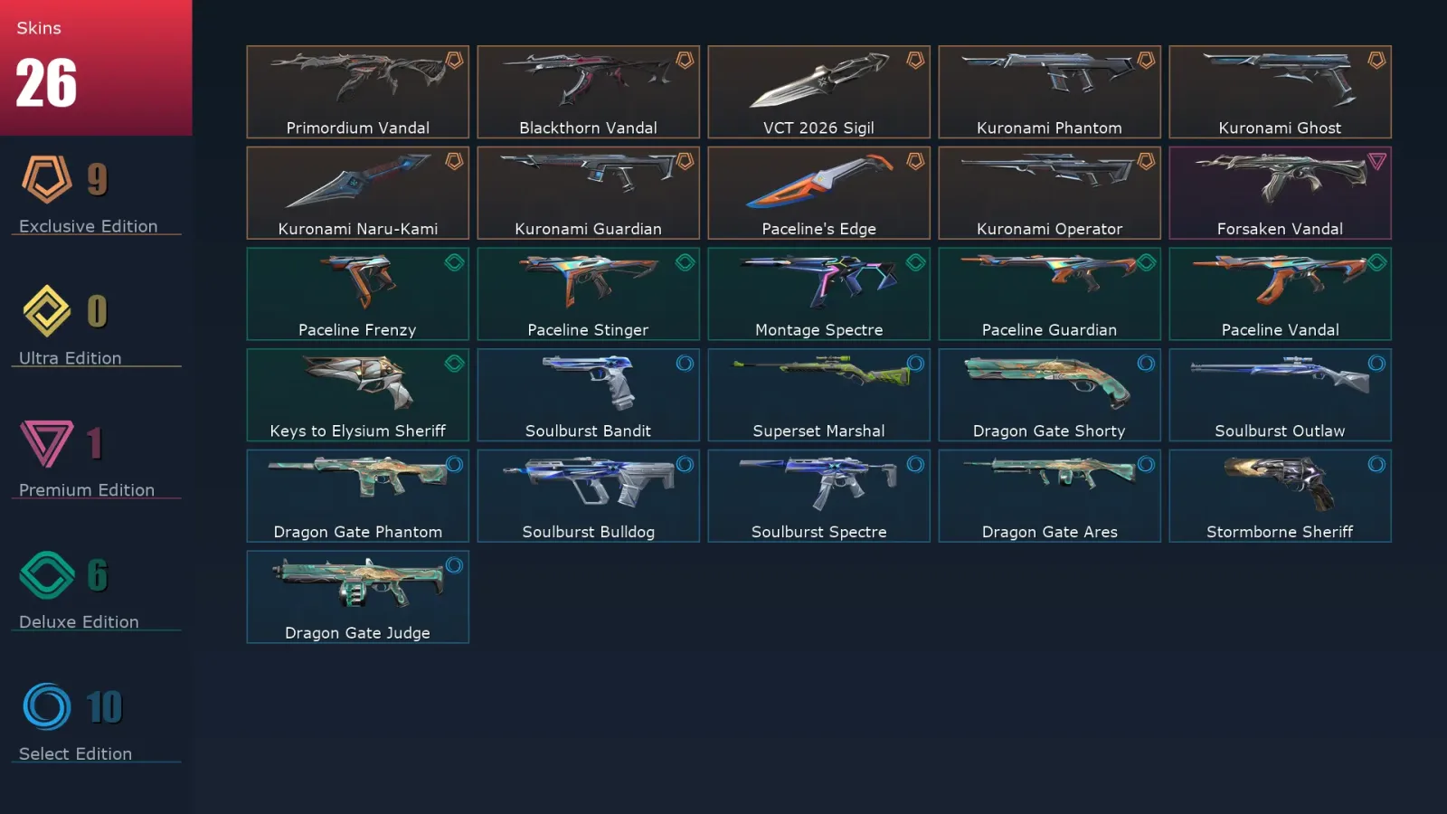 [Valorant] | EU | Level 59 | Platinum 1 | 17 Agents | 26 Skins