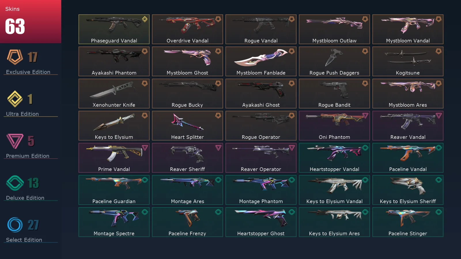 [Valorant] | EU | Level 62 | Diamond 3 | 17 Agents | 63 Skins