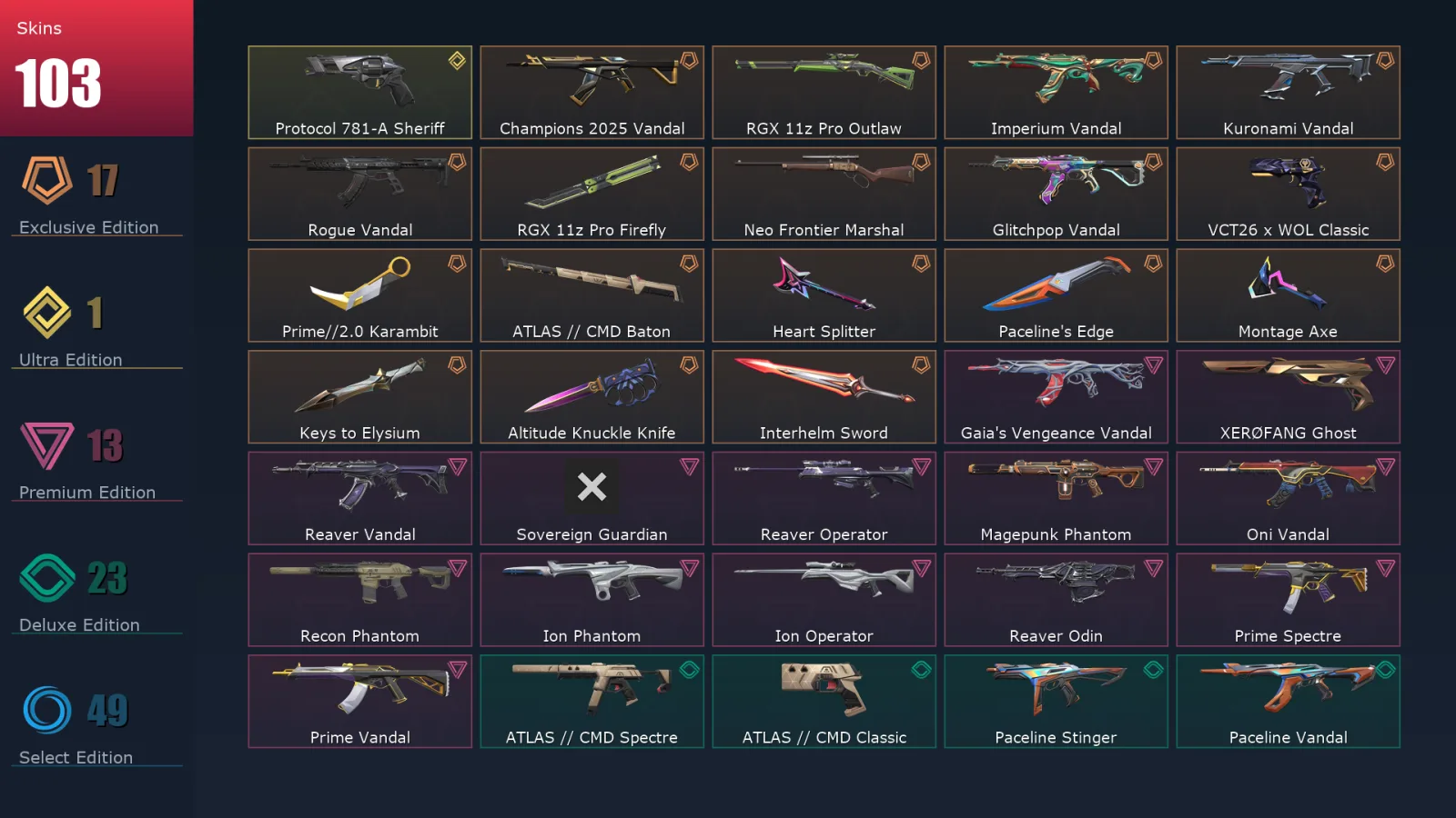 [Valorant] | EU | Level 190 | Platinum 3 | 29 Agents | 103 Skins